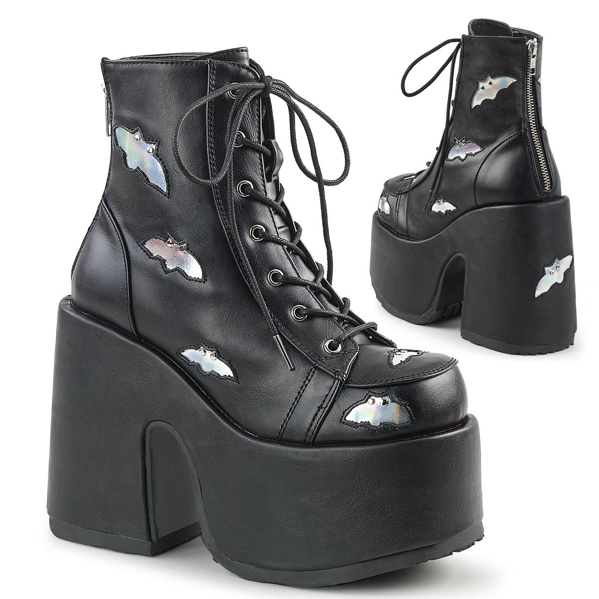 CAMEL-201 Black-Silver Hologram Vegan Ankle Boot Demonia