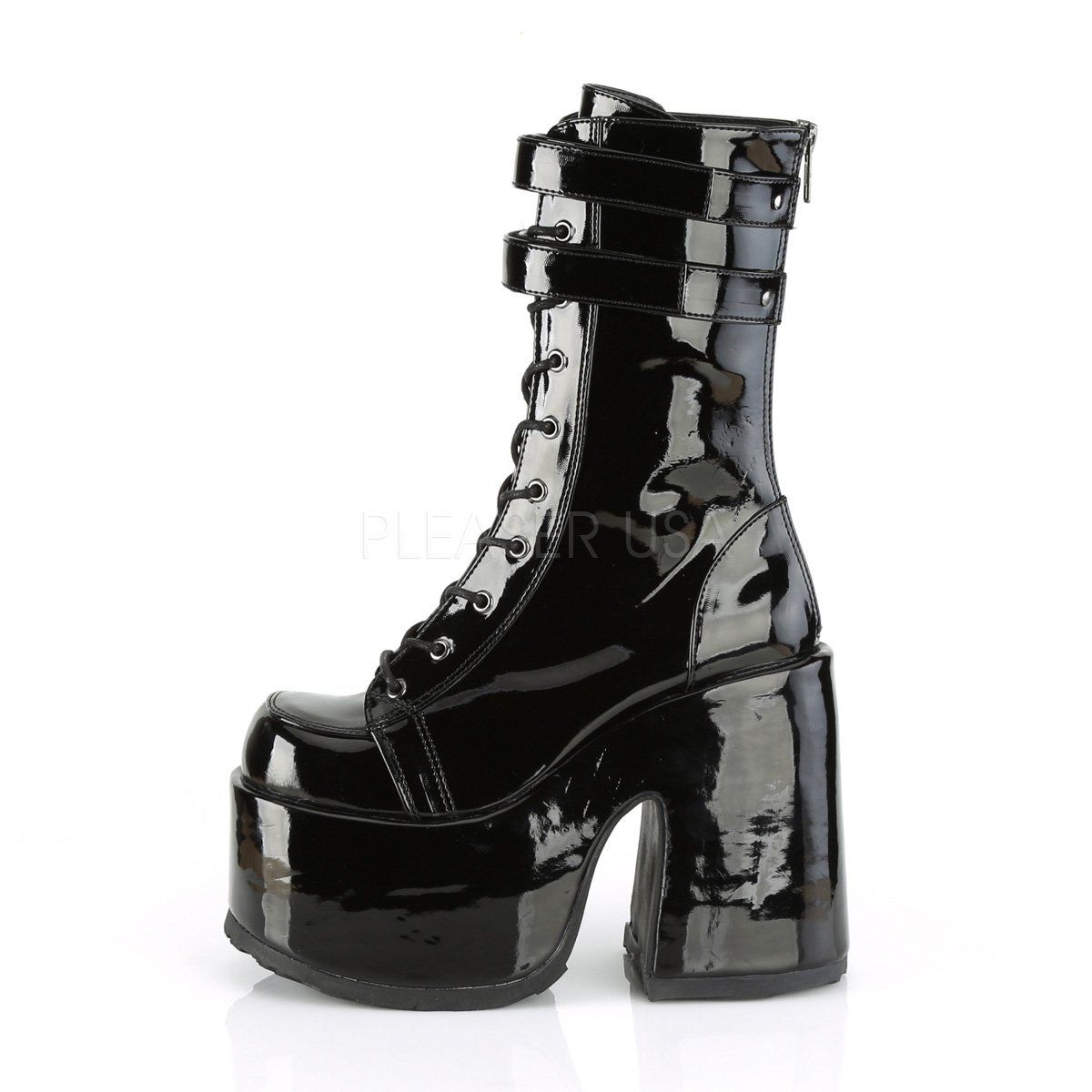 CAMEL-250 Black Patent Mid-Calf Boot Demonia