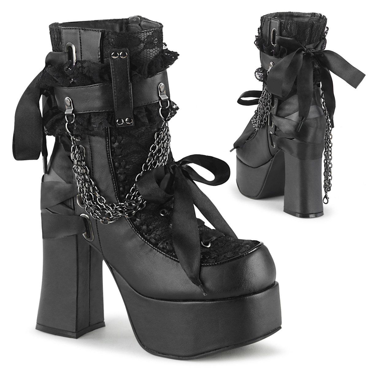 CHARADE-110 Black Vegan Leather-Lace Overlay Ankle Boot Demonia