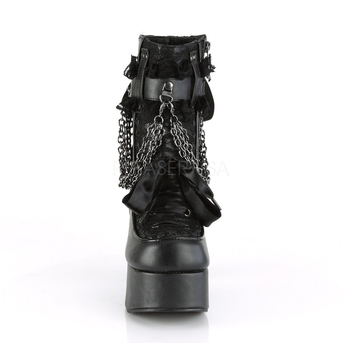 CHARADE-110 Black Vegan Leather-Lace Overlay Ankle Boot Demonia