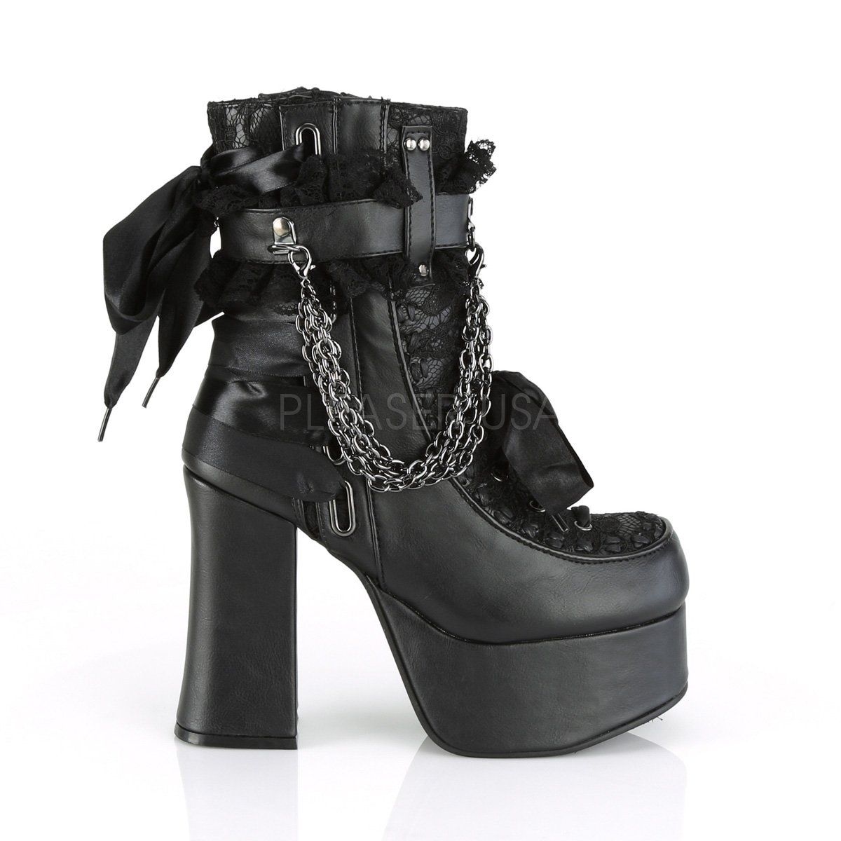 CHARADE-110 Black Vegan Leather-Lace Overlay Ankle Boot Demonia