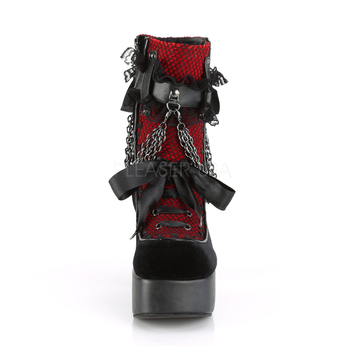 CHARADE-110 Black Vegan Leather-Red-Black Velvet-Fishnet Overlay Ankle Boot Demonia