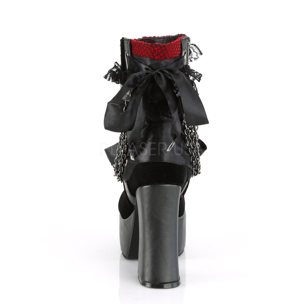 CHARADE-110 Black Vegan Leather-Red-Black Velvet-Fishnet Overlay Ankle Boot Demonia