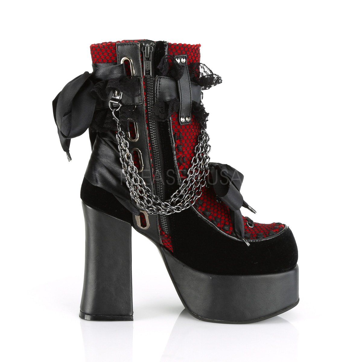 CHARADE-110 Black Vegan Leather-Red-Black Velvet-Fishnet Overlay Ankle Boot Demonia