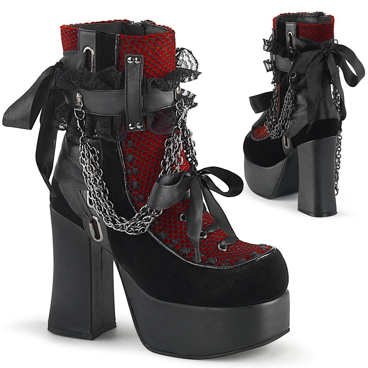 CHARADE-110 Black Vegan Leather-Red-Black Velvet-Fishnet Overlay Ankle Boot Demonia