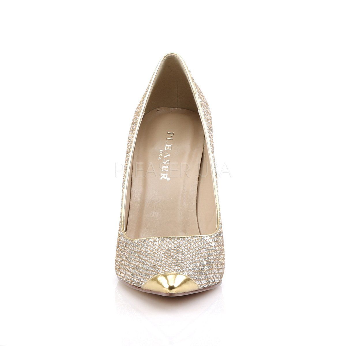 CLASSIQUE-20 Gold Glittery Fabric Pump Pleaser