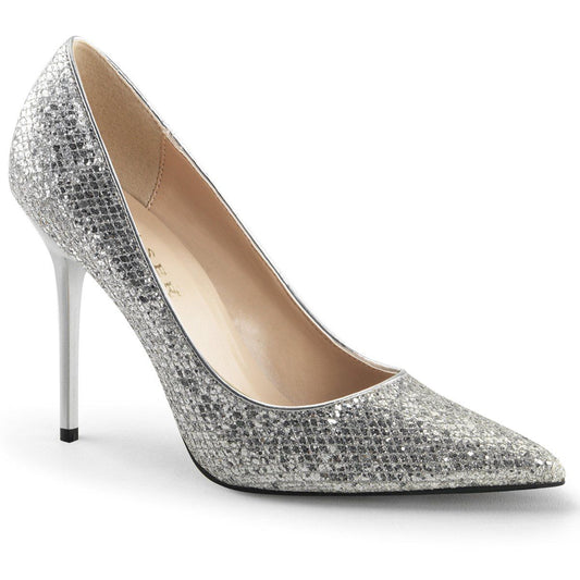 CLASSIQUE-20 Silver Glittery Lame Fabric Pump Pleaser