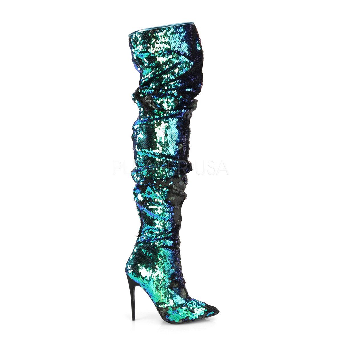 COURTLY-3011 Green Iridescent Sequins Thigh Boot Pleaser
