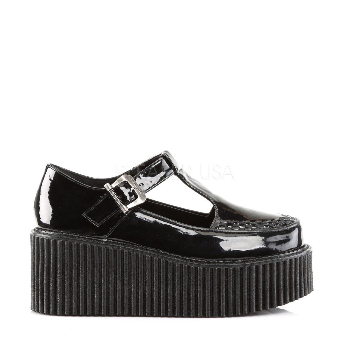 CREEPER-214 Black Patent Creeper Demonia