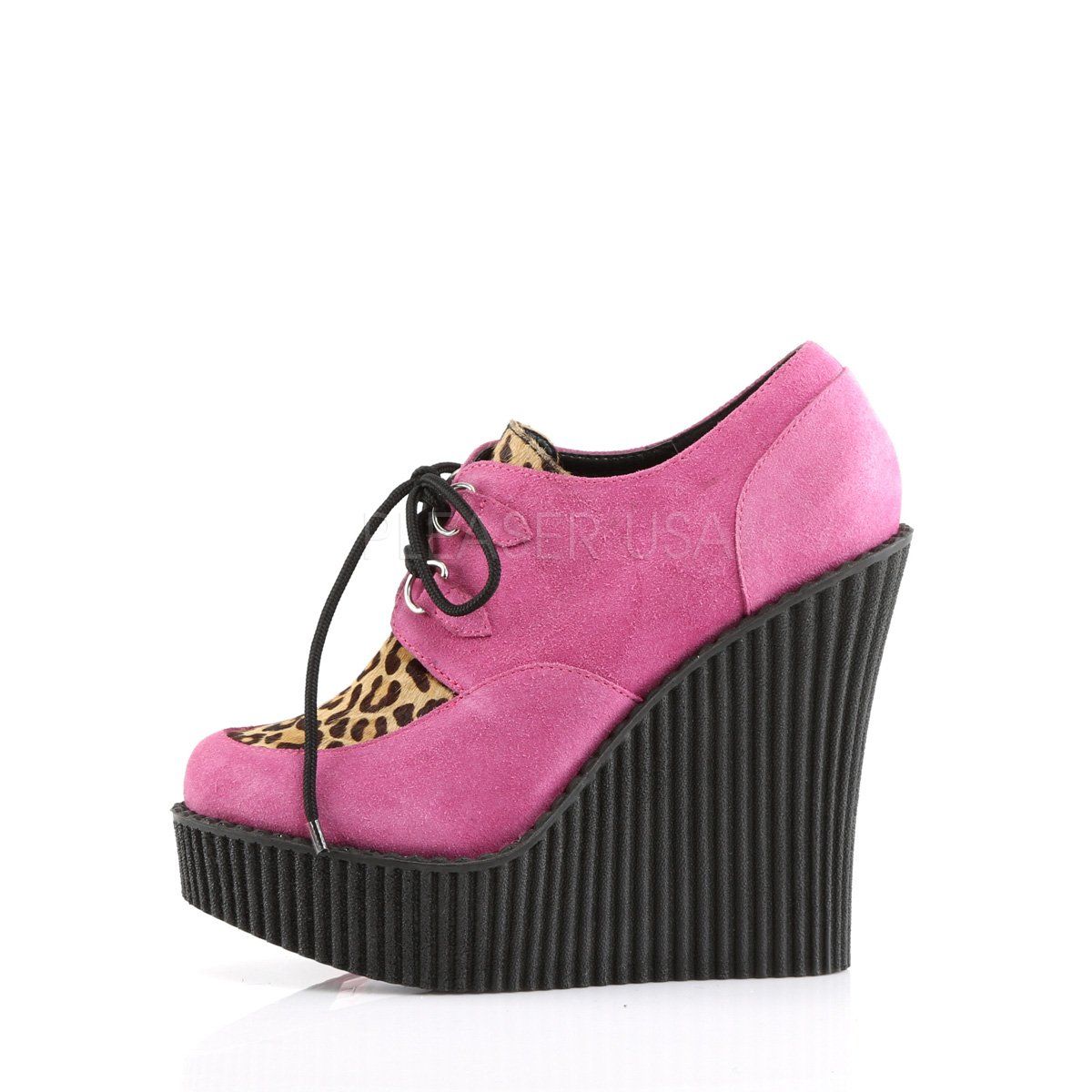 CREEPER-304 Hot Pink Suede-Leatheropard Print Creeper Demonia