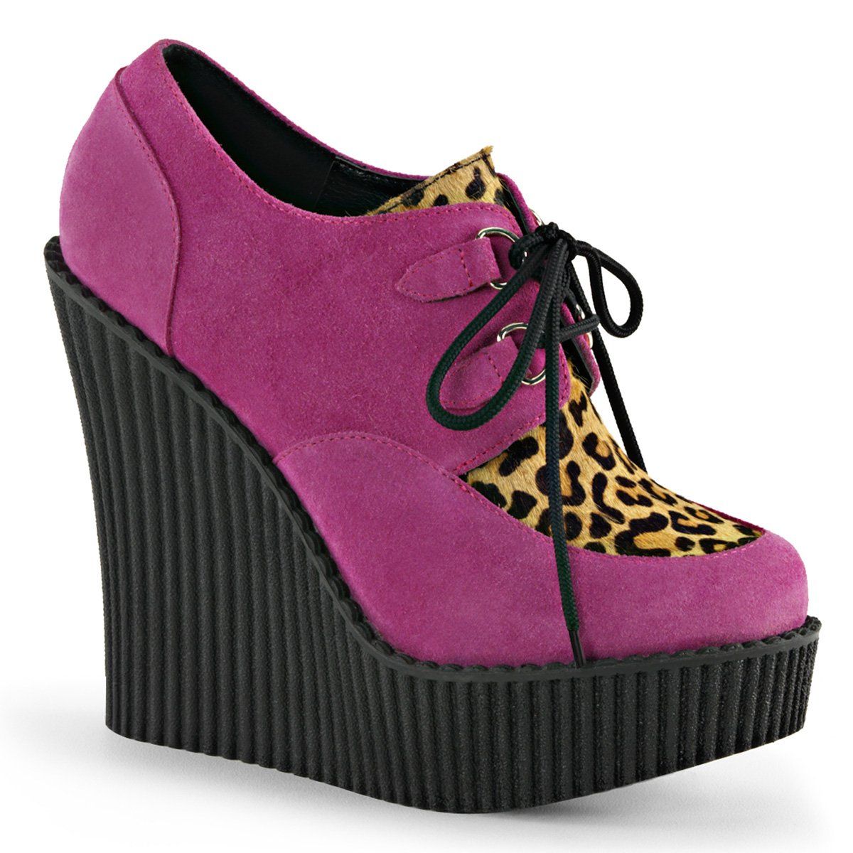 CREEPER-304 Hot Pink Suede-Leatheropard Print Creeper Demonia