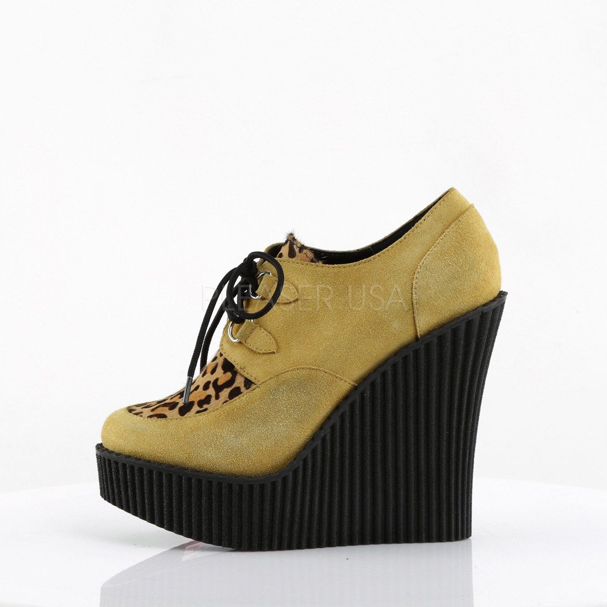 CREEPER-304 Mustard Suede-Leatheropard Print Creeper Demonia
