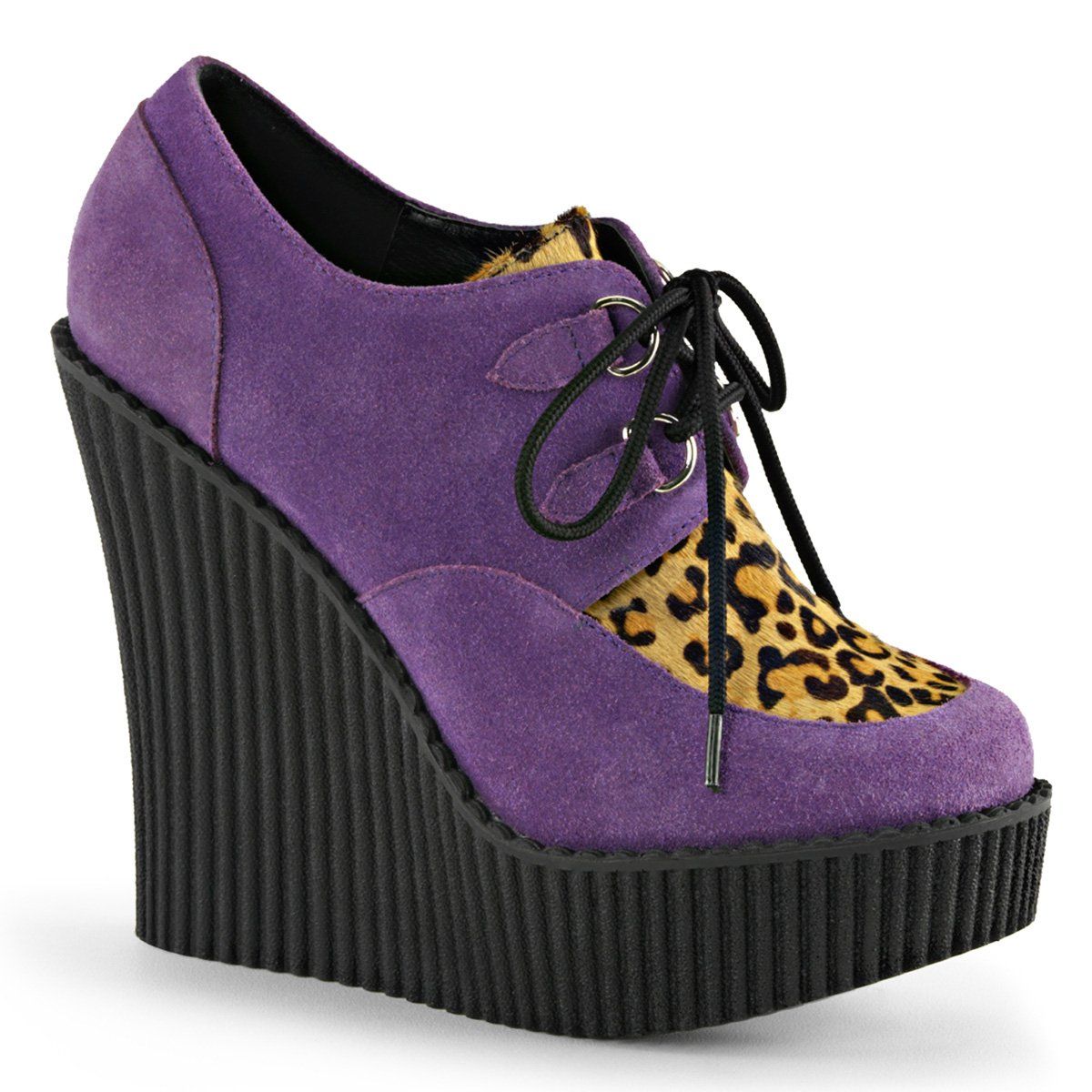 CREEPER-304 Purple Suede-Leatheropard Print Creeper Demonia