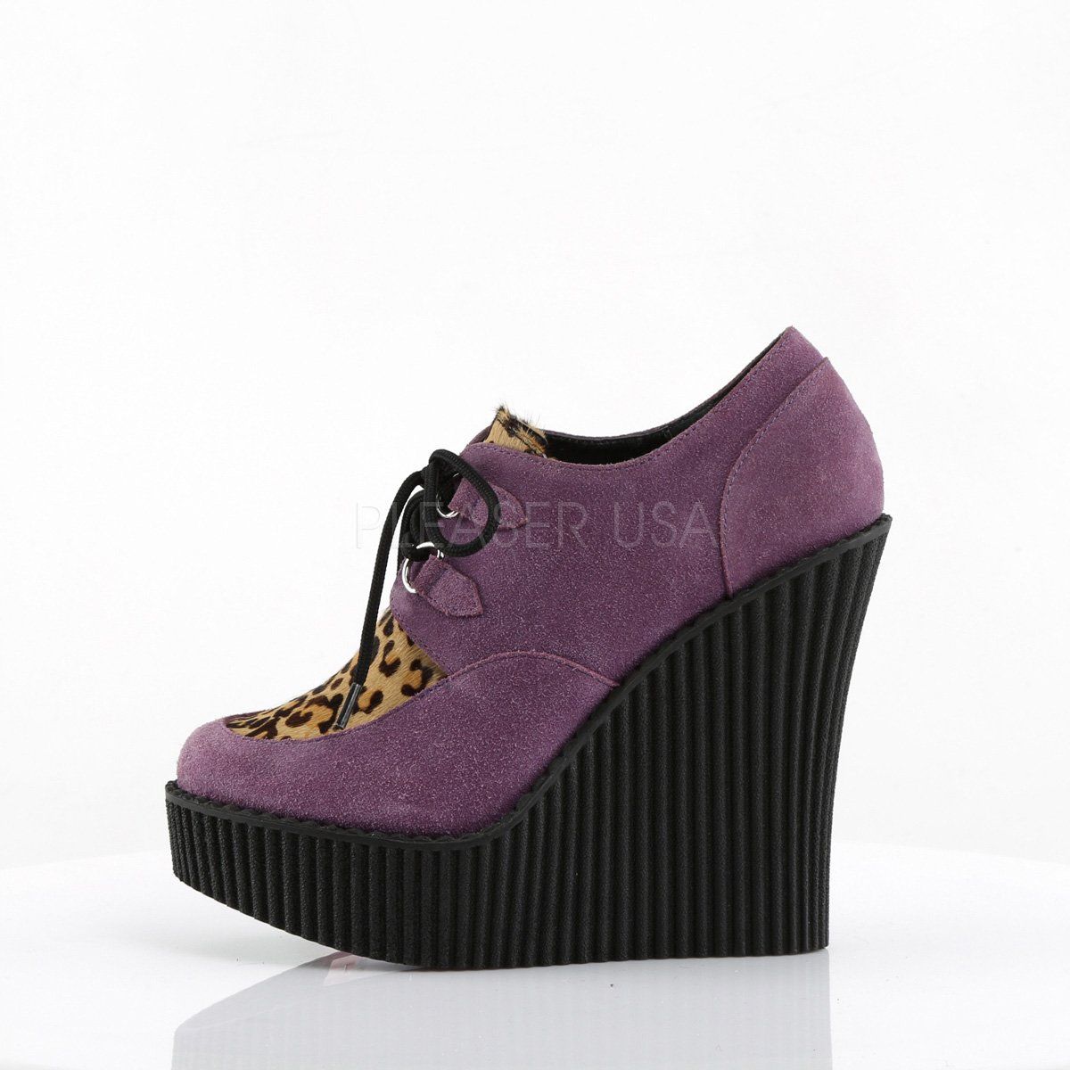 CREEPER-304 Purple Suede-Leatheropard Print Creeper Demonia