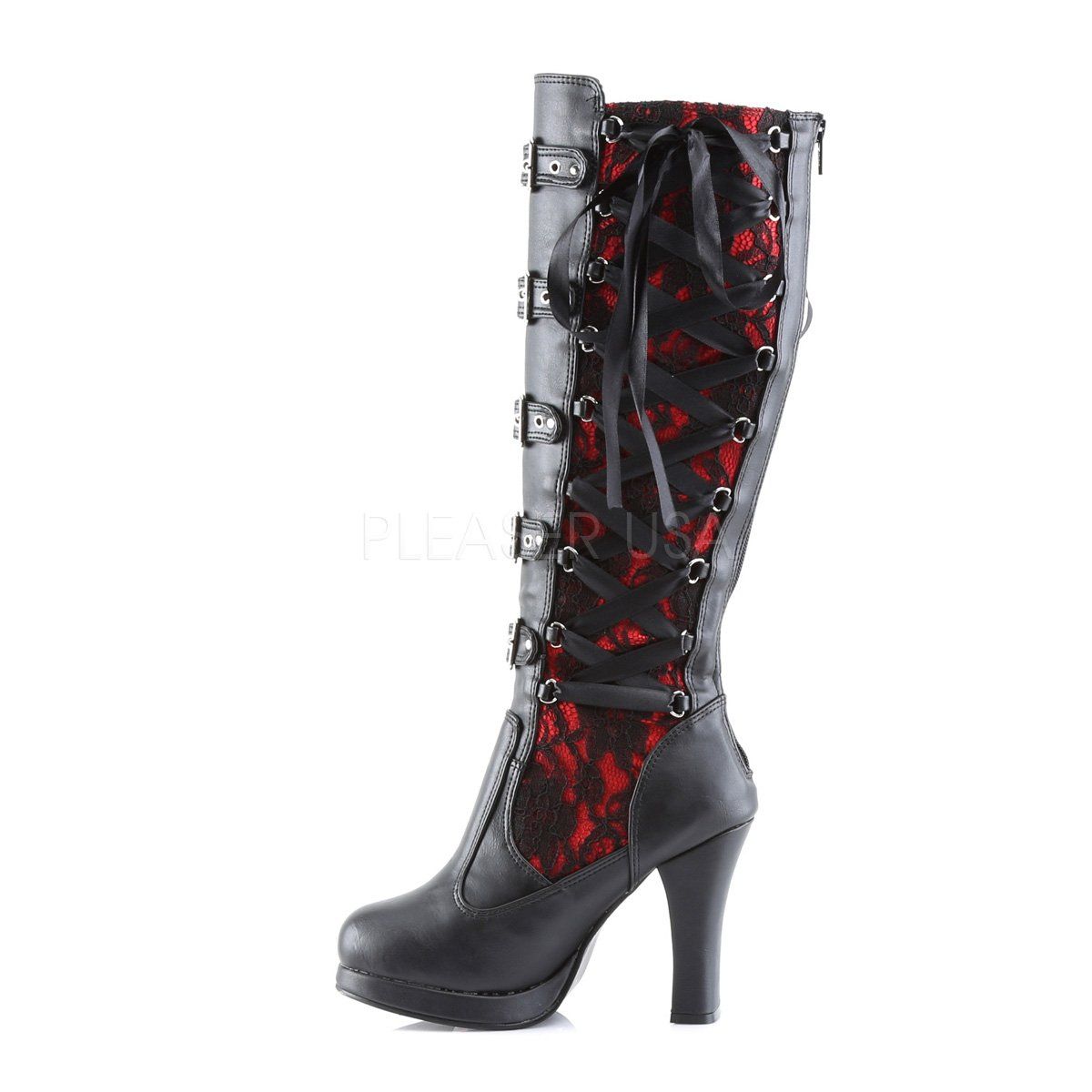 CRYPTO-106 Black-Red Vegan Leather Knee Boot Demonia