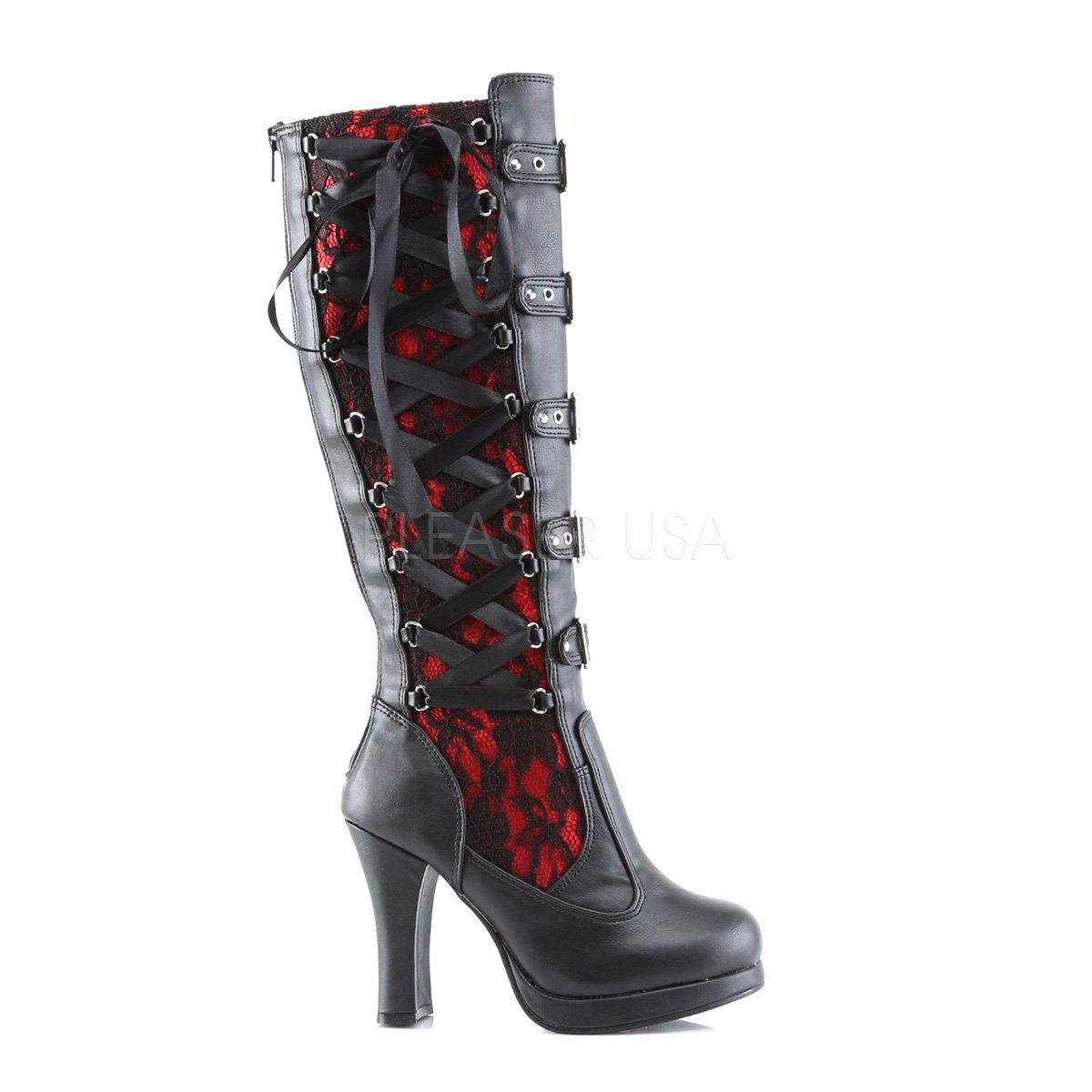CRYPTO-106 Black-Red Vegan Leather Knee Boot Demonia