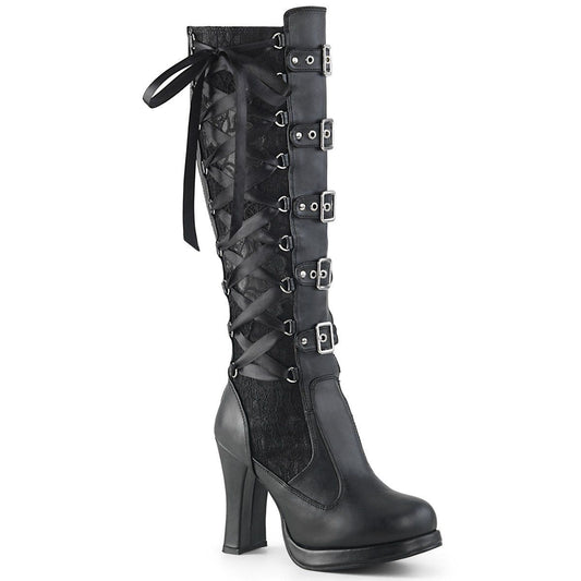 CRYPTO-106 Black Vegan Leather-Lace Knee Boot Demonia