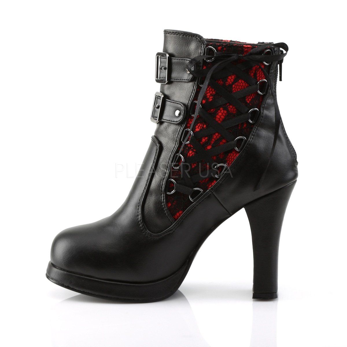 CRYPTO-51 Black-Red Lace Vegan Leather Ankle Boot Demonia