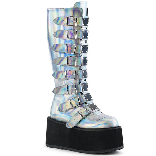 DAMNED-318 Silver Hologram Knee Boot Demonia