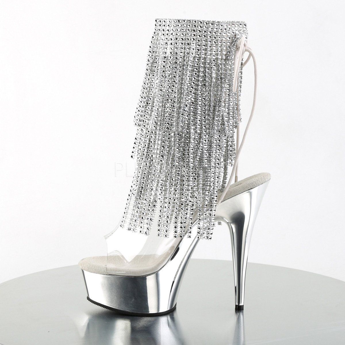 DELIGHT-1017RhinestoneF Clear-Silver/Silver Chrome Ankle Boot Pleaser