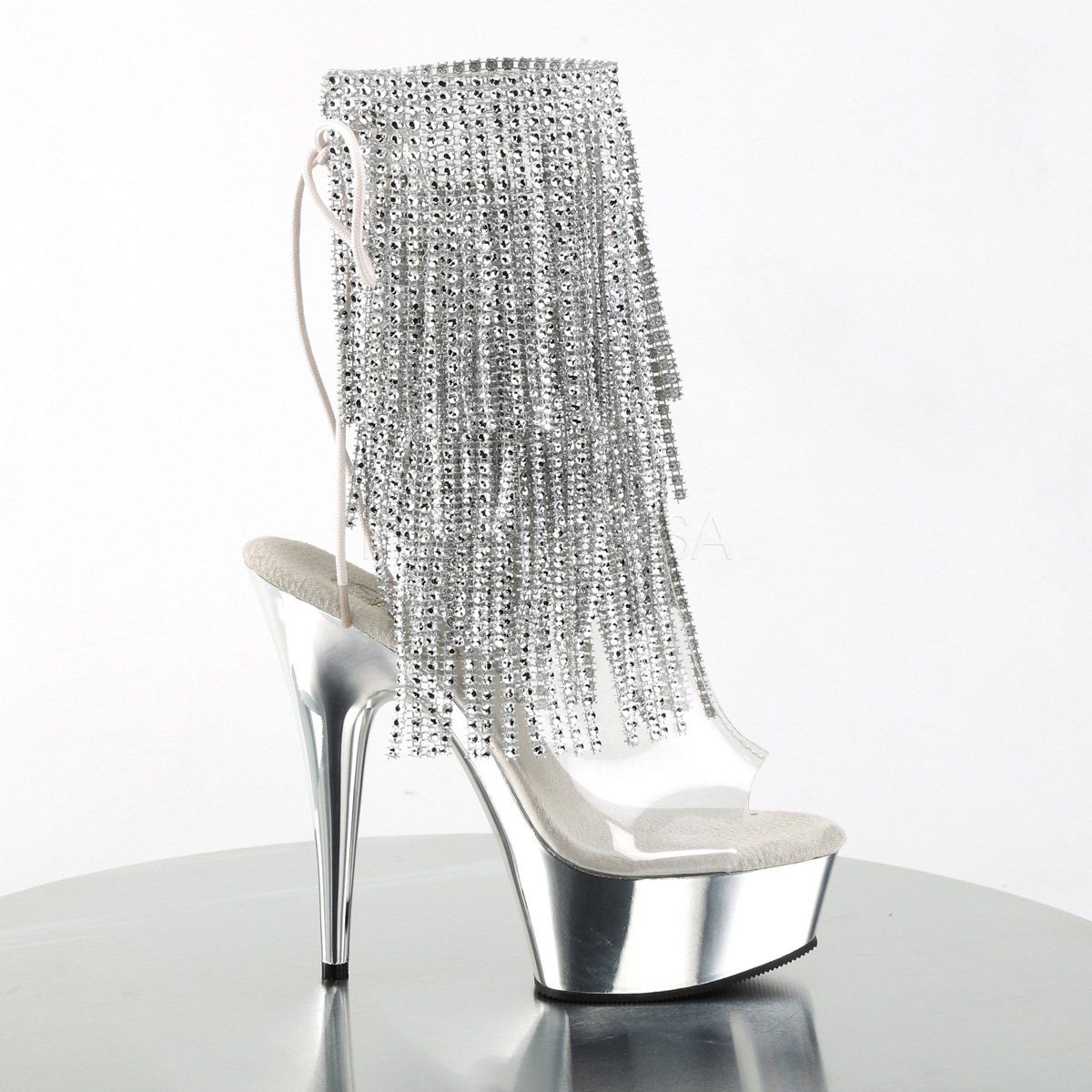 DELIGHT-1017RhinestoneF Clear-Silver/Silver Chrome Ankle Boot Pleaser