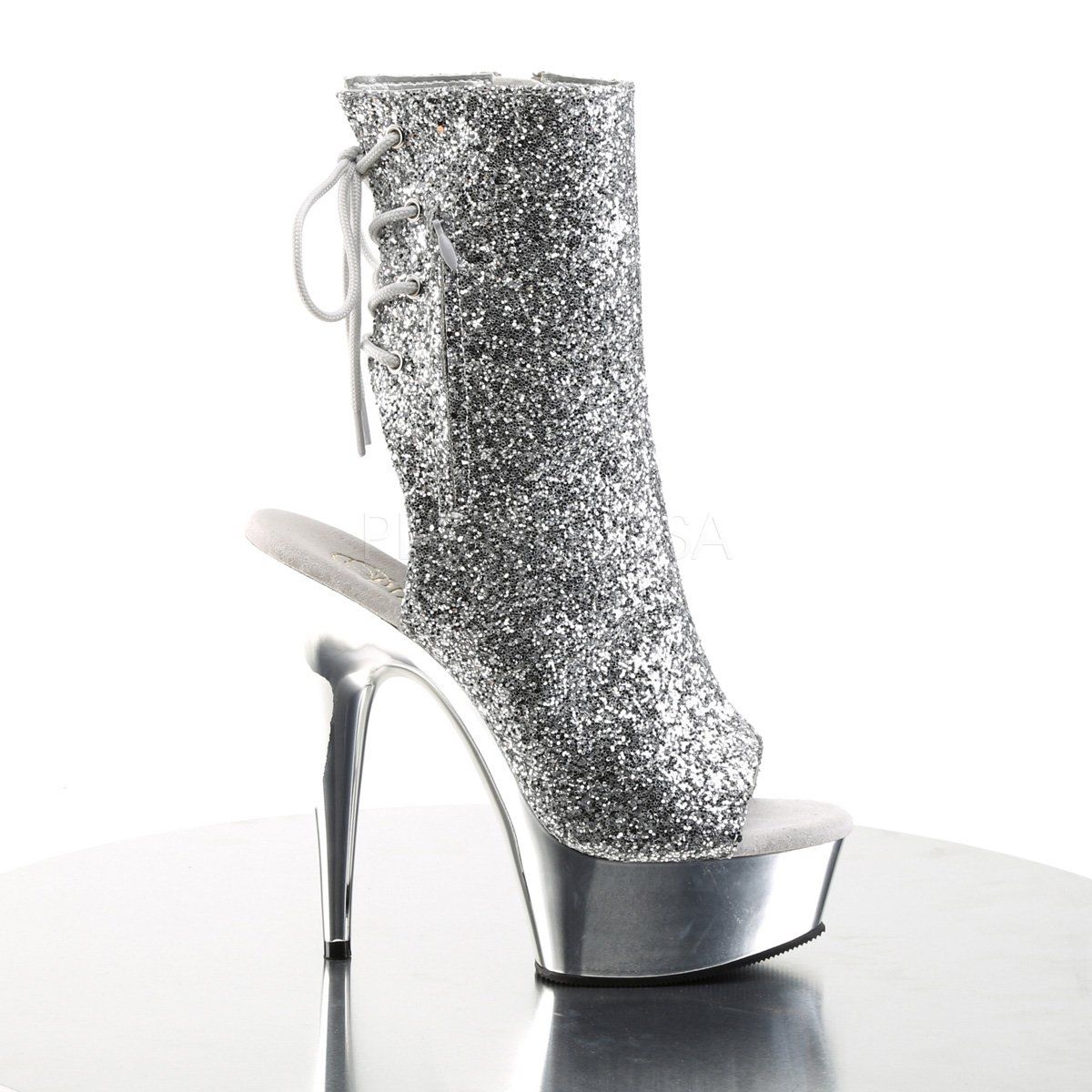 DELIGHT-1018G Silver Glitter/Silver Chrome Ankle Boot Pleaser