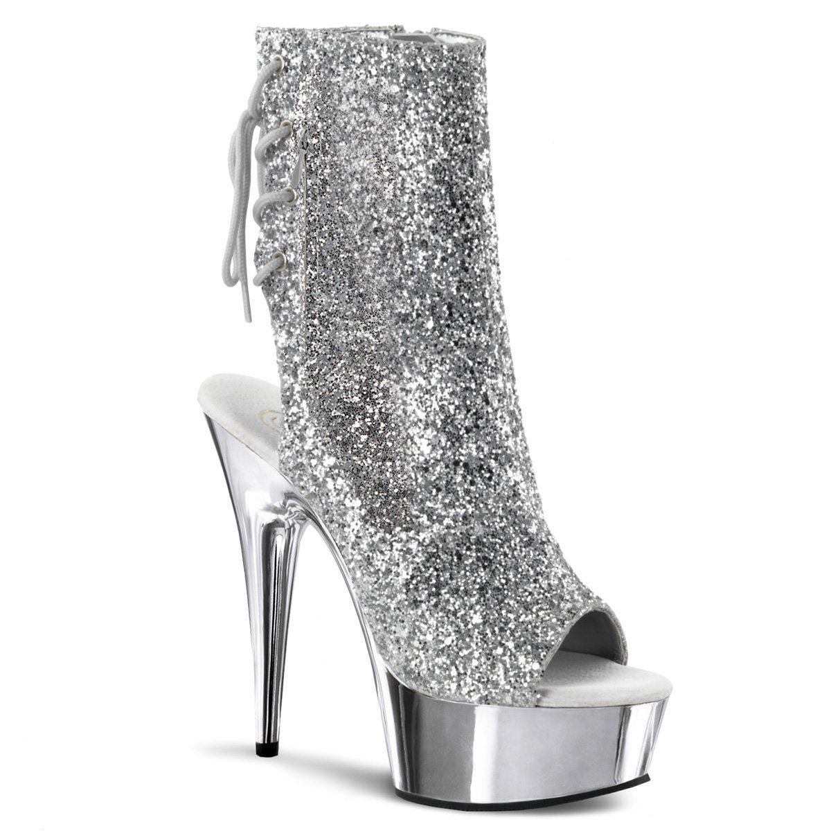 DELIGHT-1018G Silver Glitter/Silver Chrome Ankle Boot Pleaser