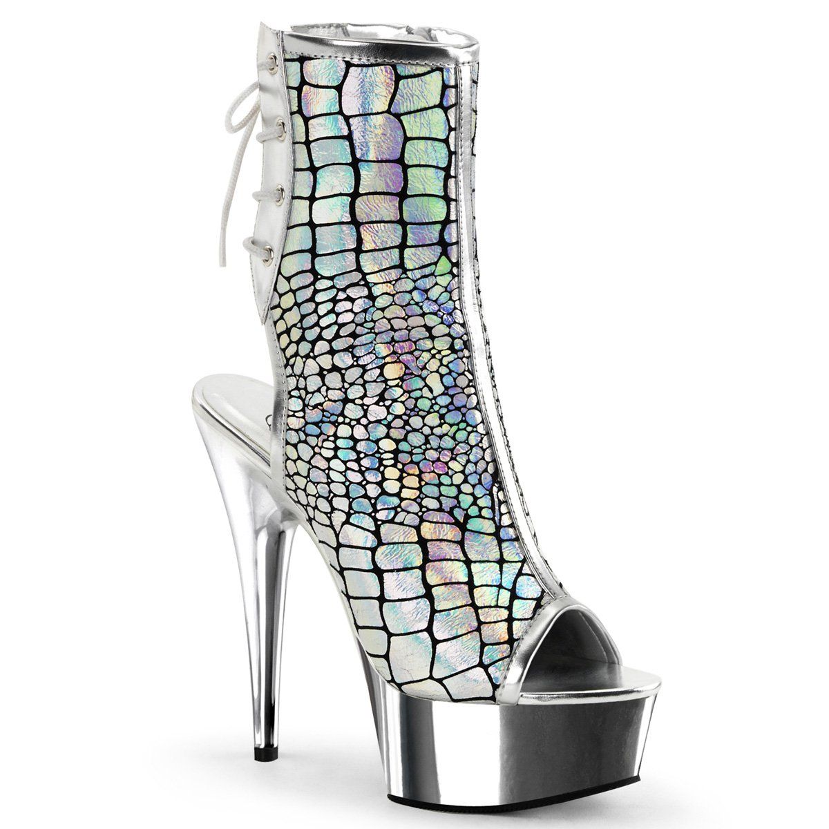 DELIGHT-1018HG Silver Hologram Ostrich Pu/Silver Chrome Ankle Boot Pleaser