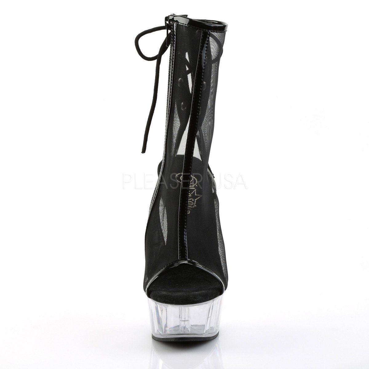 DELIGHT-1018MSH Black Patent-Mesh/Clear Ankle Boot Pleaser