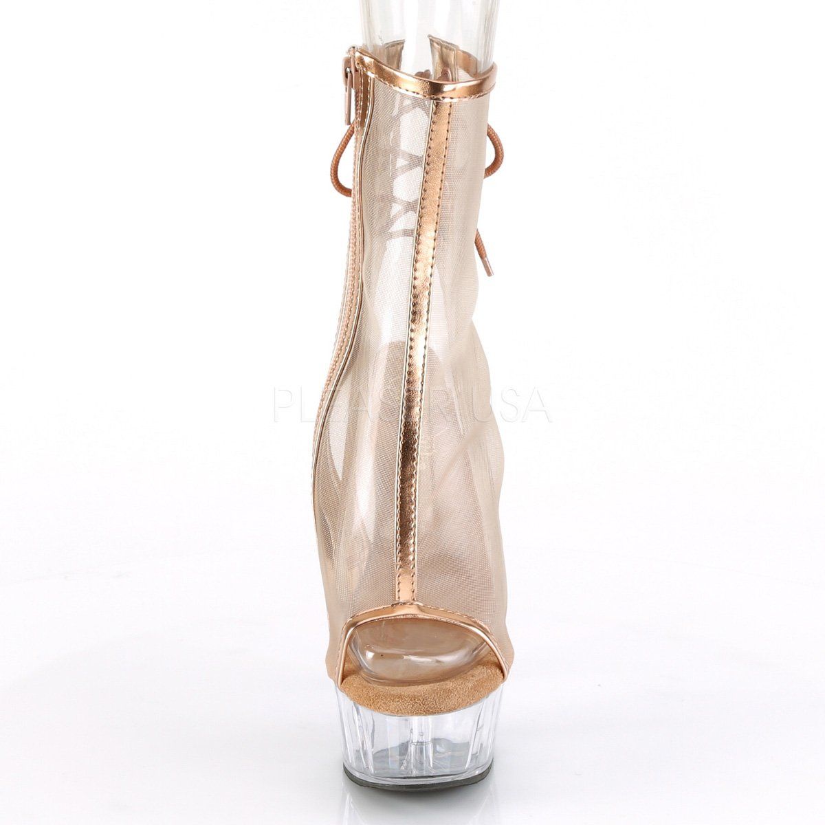 DELIGHT-1018MSH Rose Gold Metallic Pu-Mesh/Clear Ankle Boot Pleaser