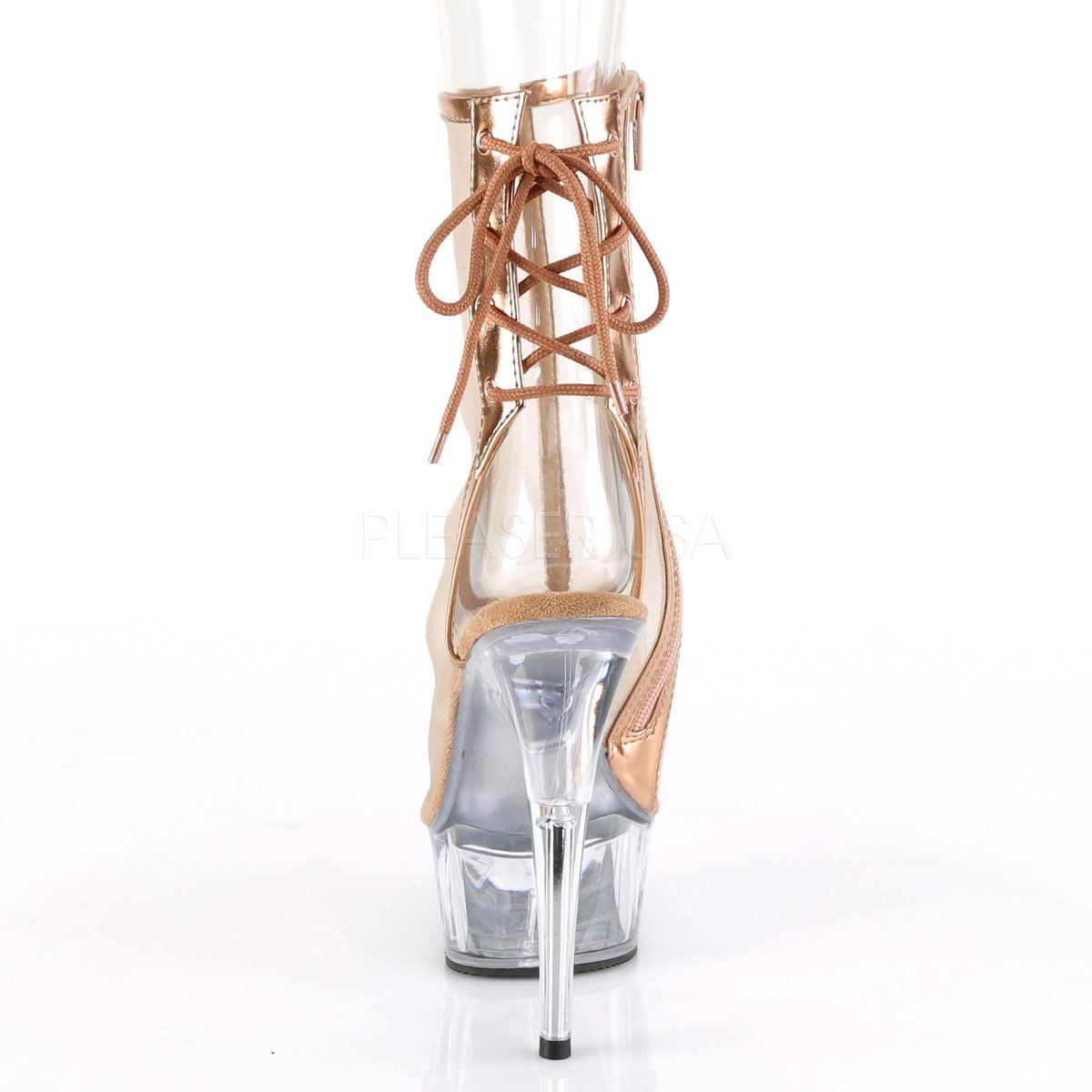 DELIGHT-1018MSH Rose Gold Metallic Pu-Mesh/Clear Ankle Boot Pleaser