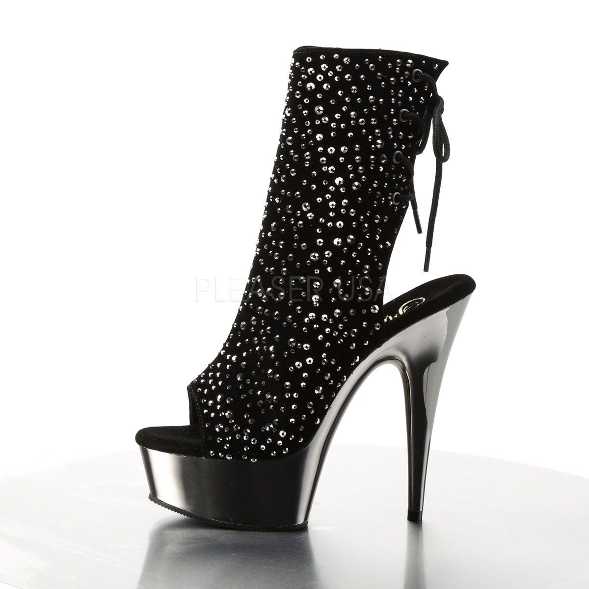 DELIGHT-1018RS Black Velvet-Pewter Rhinestone Ankle Boot Pleaser