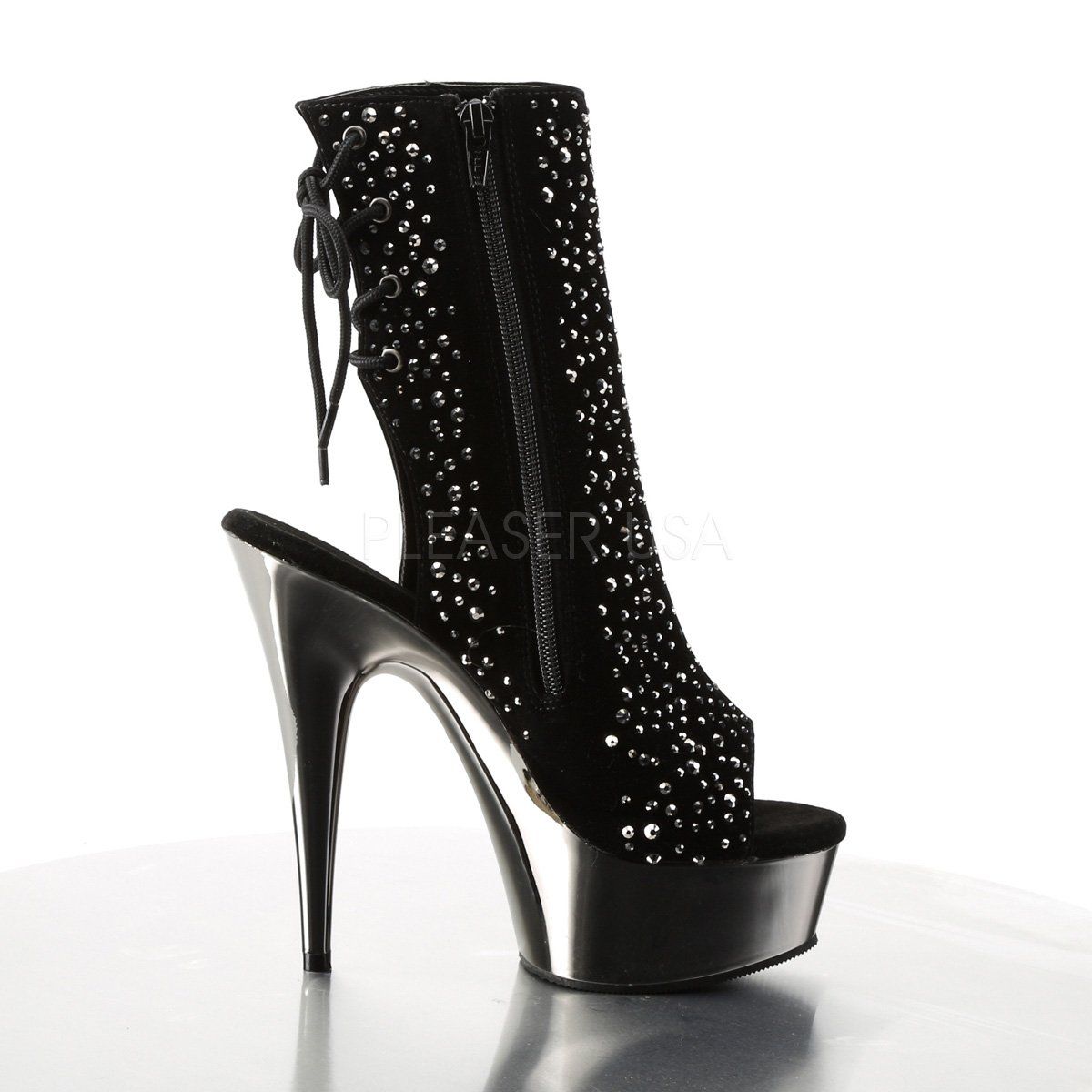 DELIGHT-1018RS Black Velvet-Pewter Rhinestone Ankle Boot Pleaser