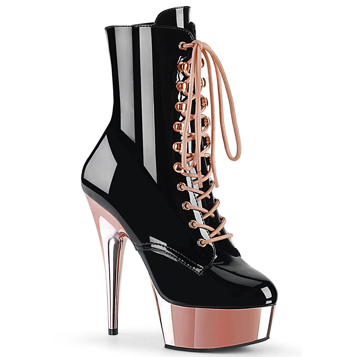 DELIGHT-1020 Black Patent/Rose Gold Chrome Ankle Boot Pleaser