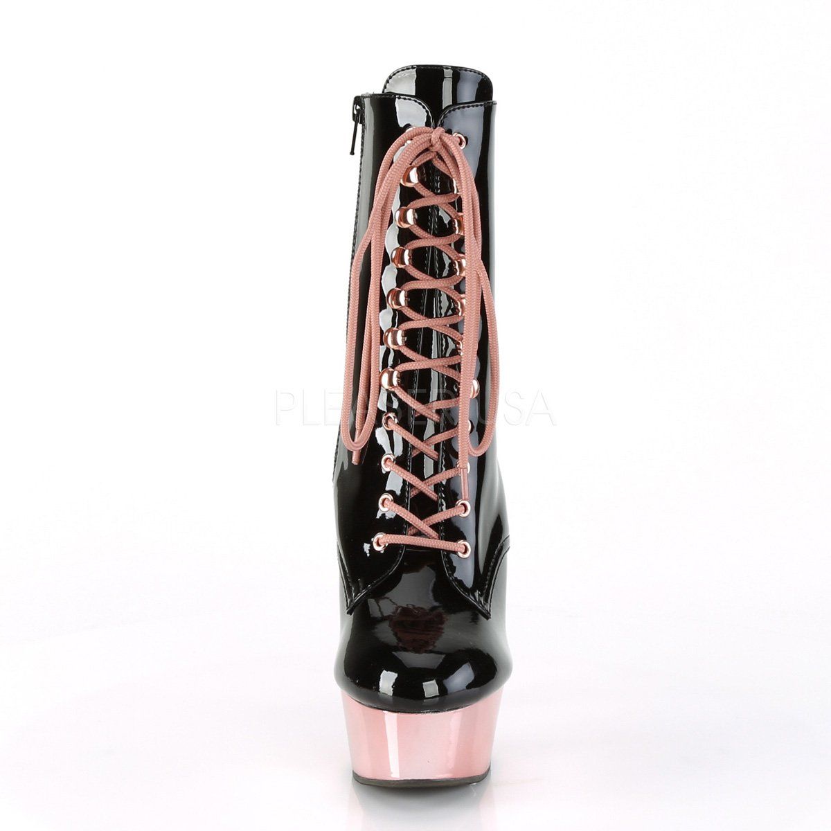 DELIGHT-1020 Black Patent/Rose Gold Chrome Ankle Boot Pleaser
