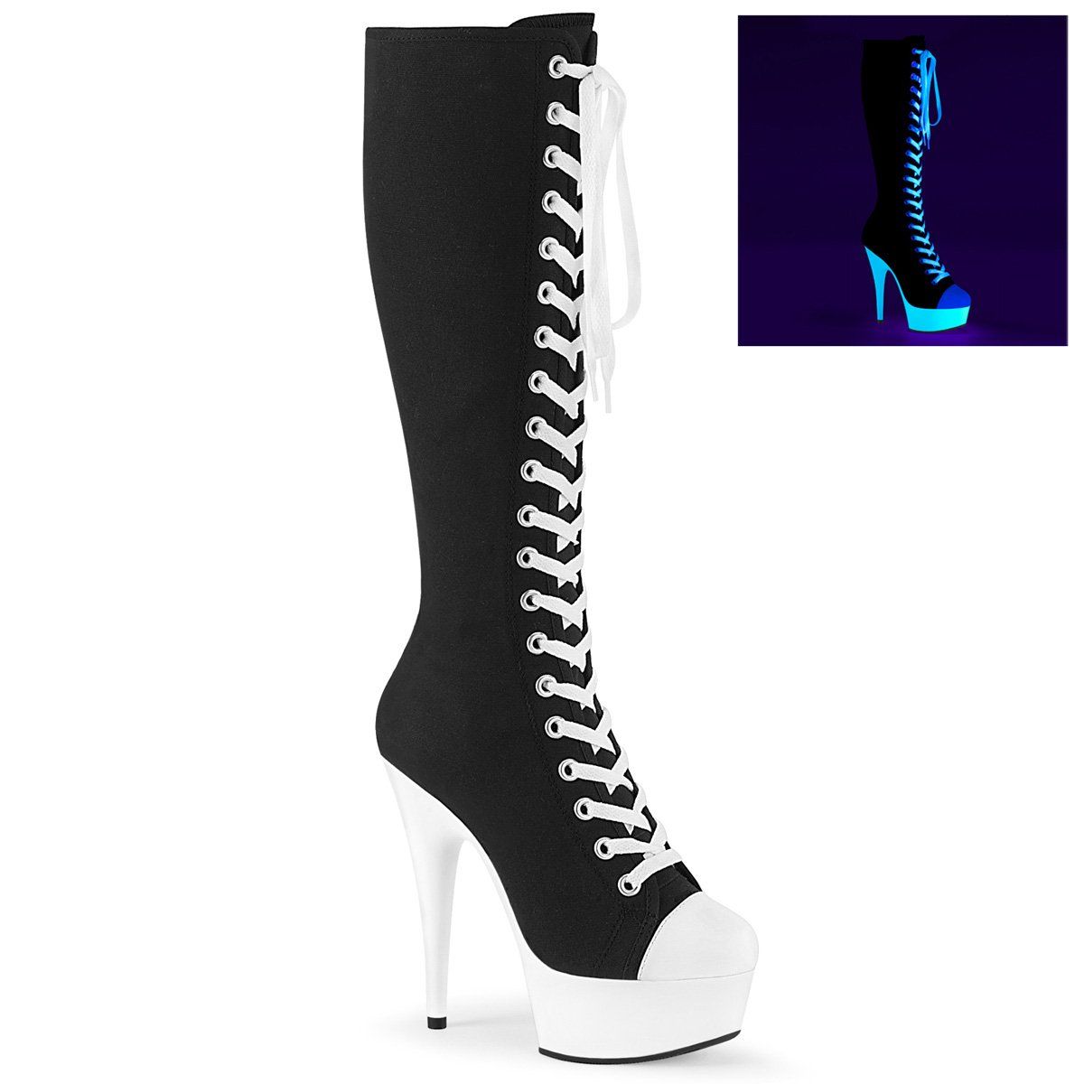 DELIGHT-2000SK-02 Black Canvas-White Faux Leather/Neon White Boot Pleaser