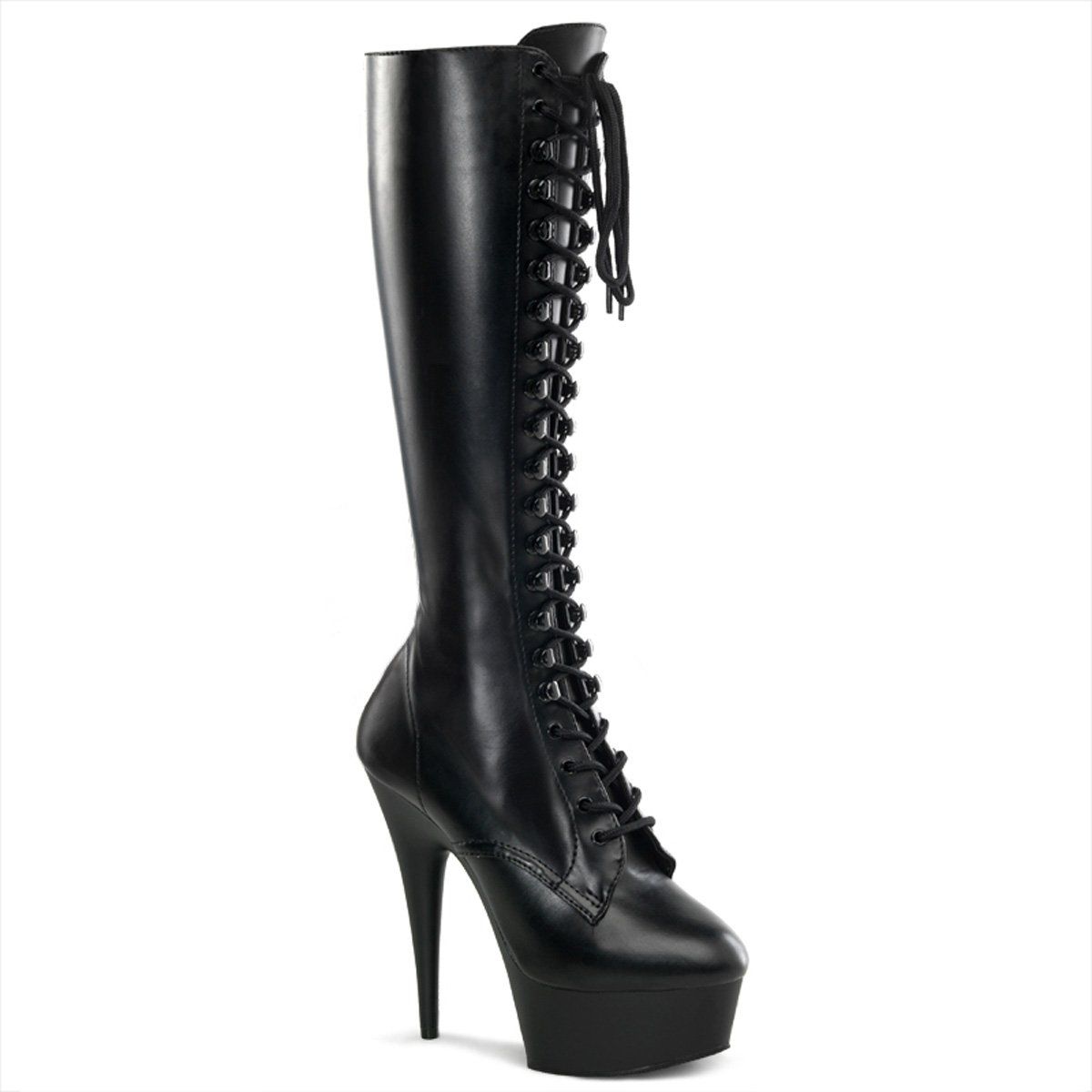 DELIGHT-2023 Black Stretch Faux Leather Knee Boot Pleaser