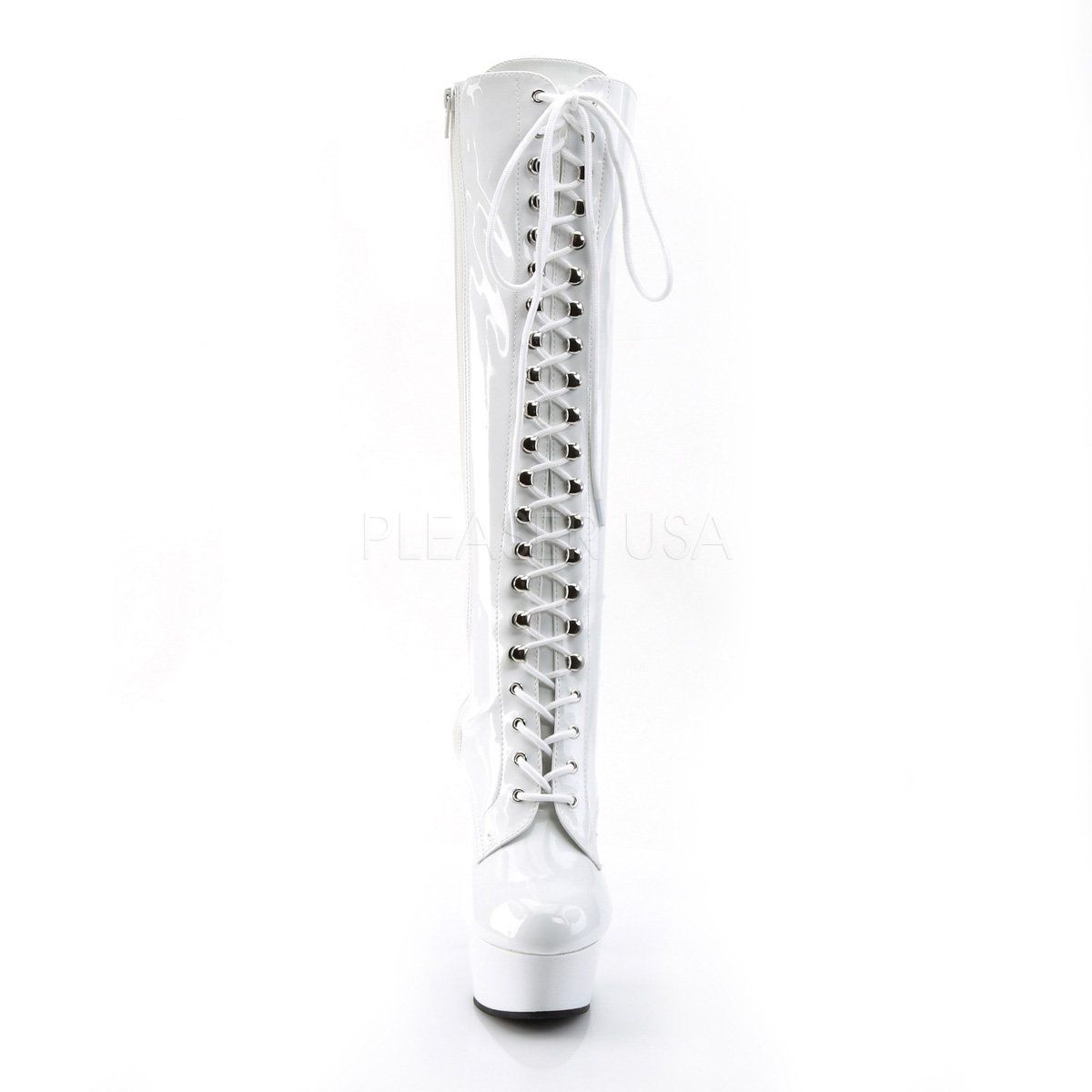 DELIGHT-2023 White Stretch Patent/White Knee Boot Pleaser
