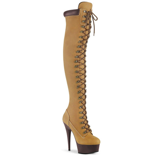 DELIGHT-3000TL Tan Nubuck Faux Leather/Dark Brown Matte Boot Pleaser