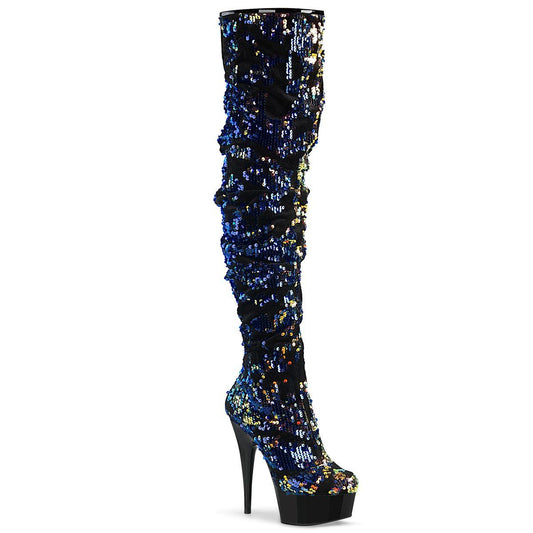 DELIGHT-3004 Blue Iridescent Sequins/Black Thigh Boot Pleaser