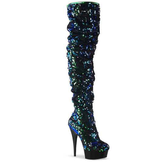 DELIGHT-3004 Green Iridescent Sequins/Black Thigh Boot Pleaser