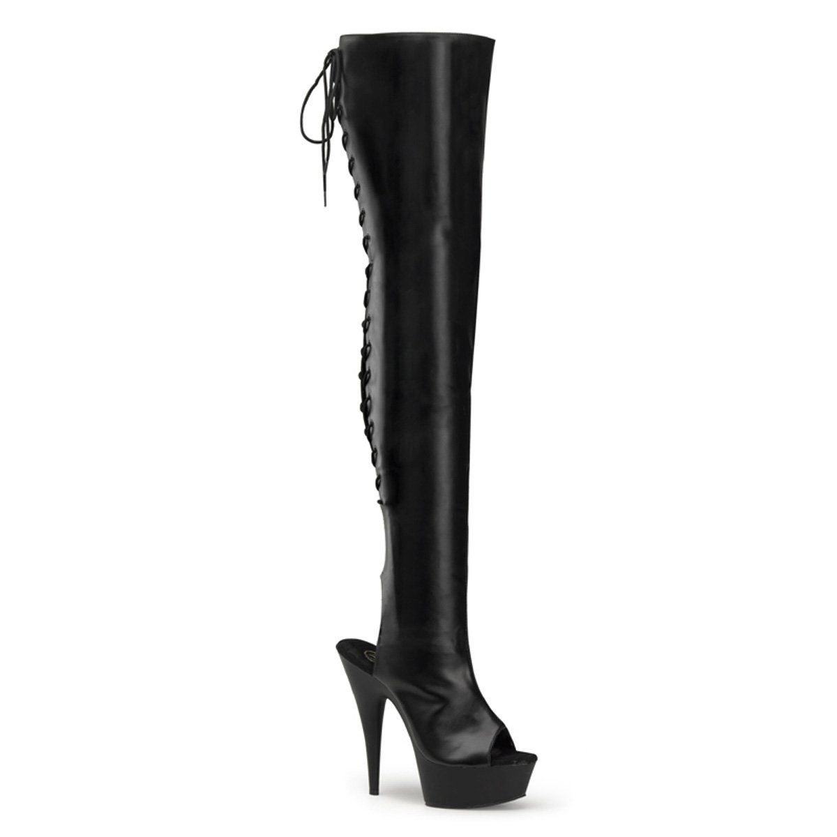 DELIGHT-3017 Black Stretch Faux Leather/Black Boot Pleaser