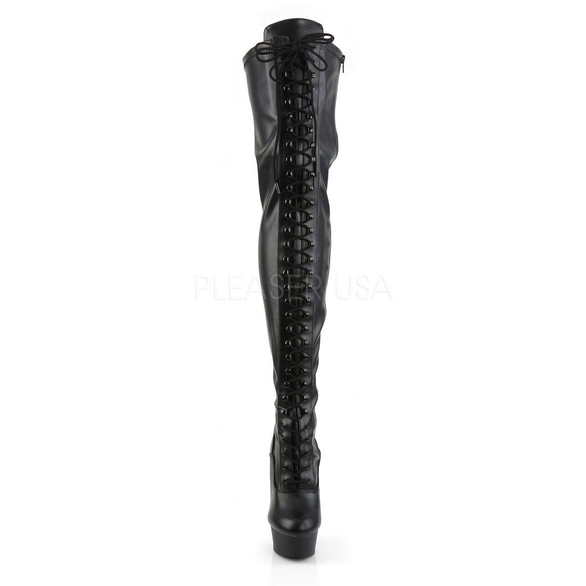 DELIGHT-3023 Black Stretch Faux Leather Thigh Boot Pleaser