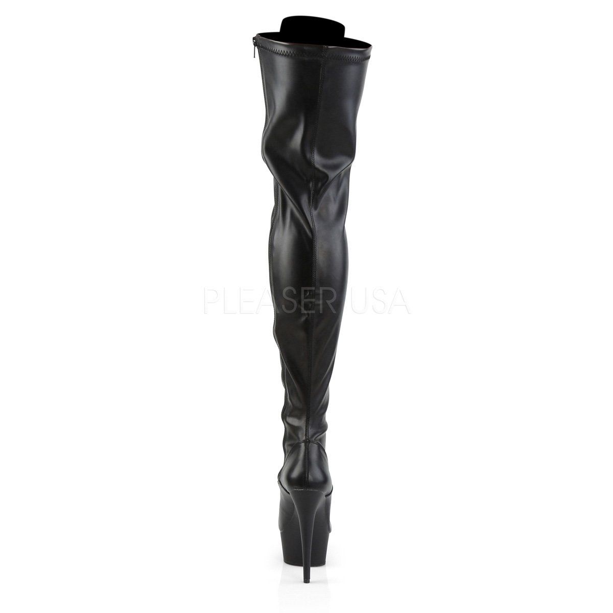 DELIGHT-3023 Black Stretch Faux Leather Thigh Boot Pleaser