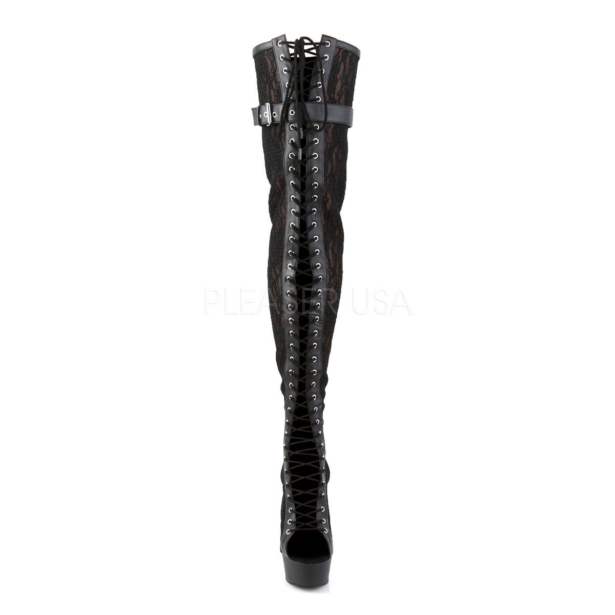 DELIGHT-3025ML Black Faux Leather-Mesh-Lace Thigh Boot Pleaser
