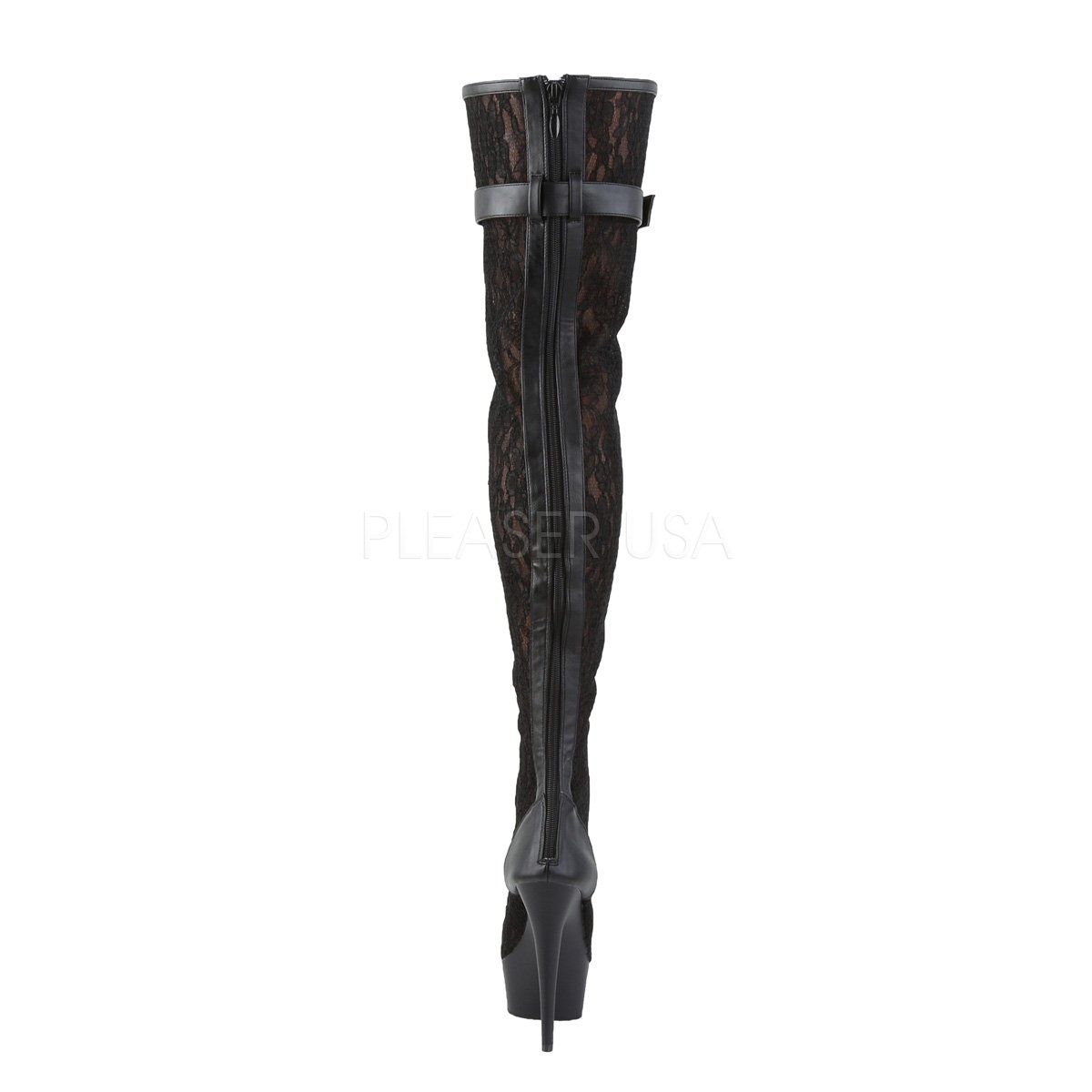 DELIGHT-3025ML Black Faux Leather-Mesh-Lace Thigh Boot Pleaser