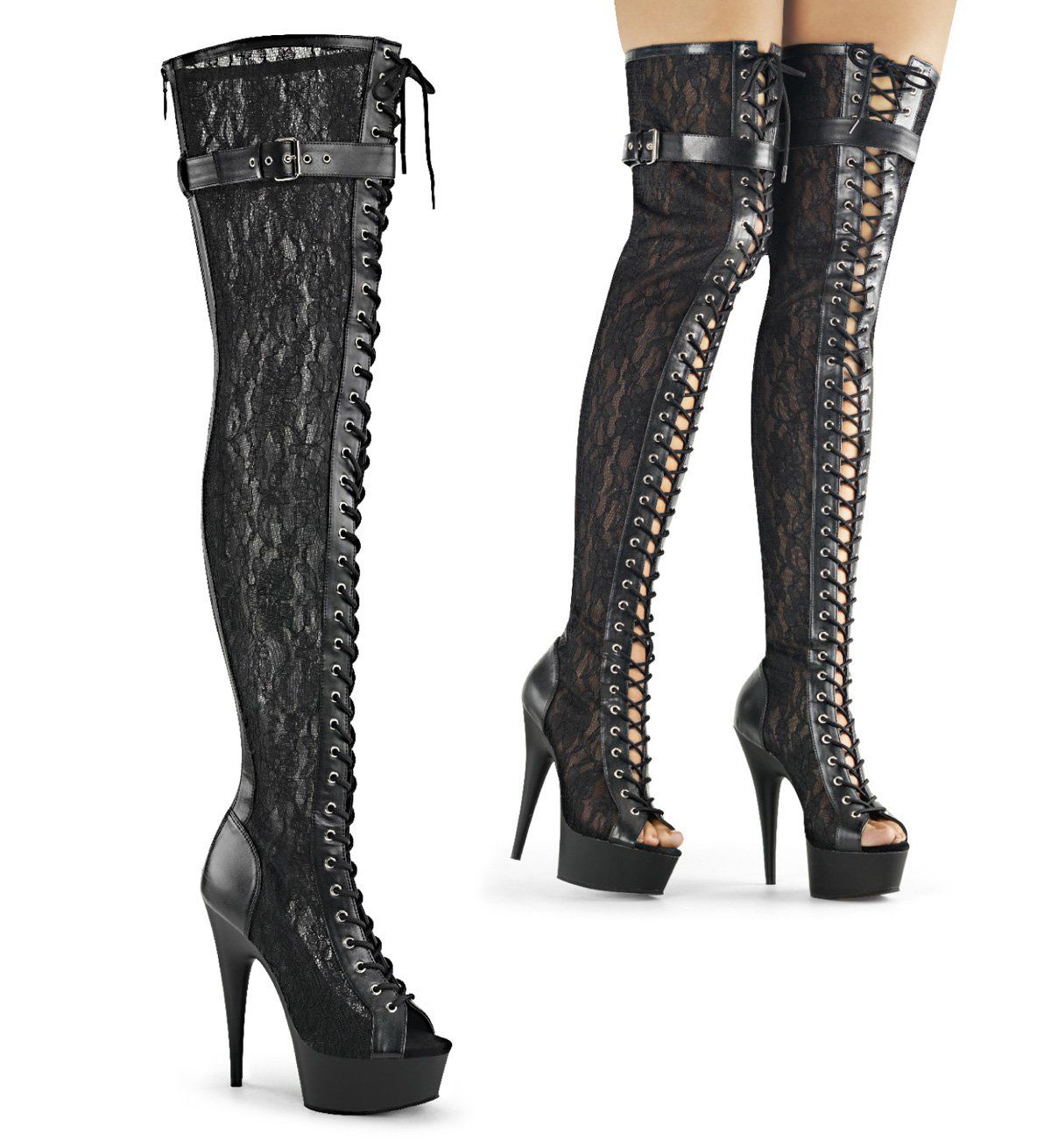 DELIGHT-3025ML Black Faux Leather-Mesh-Lace Thigh Boot Pleaser