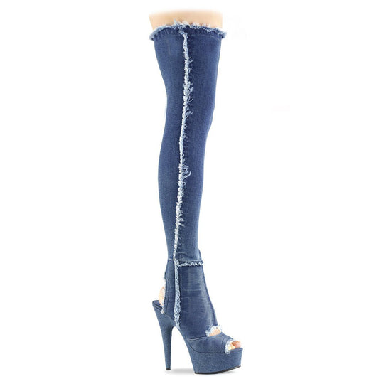DELIGHT-3030 Denim Blue Stretch Fabric Thigh Boot Pleaser