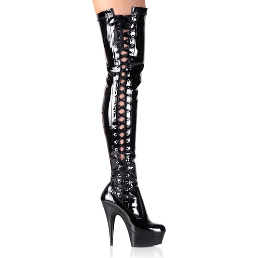 DELIGHT-3050 Black Stretch Patent Thigh Boot Pleaser