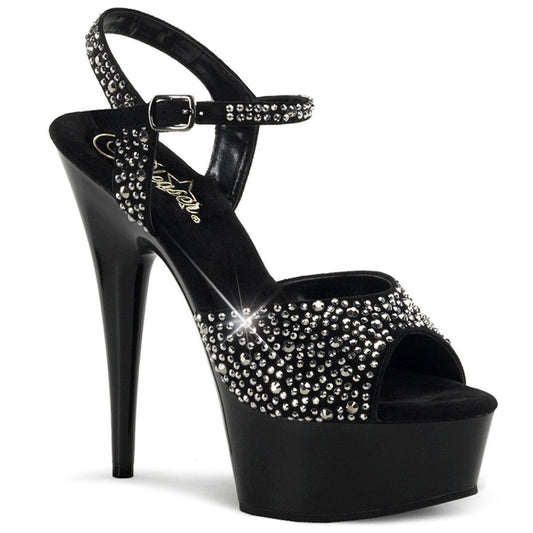 DELIGHT-609RS Black Suede-Pewter Rhinestone/ Black Platform Sandal Pleaser